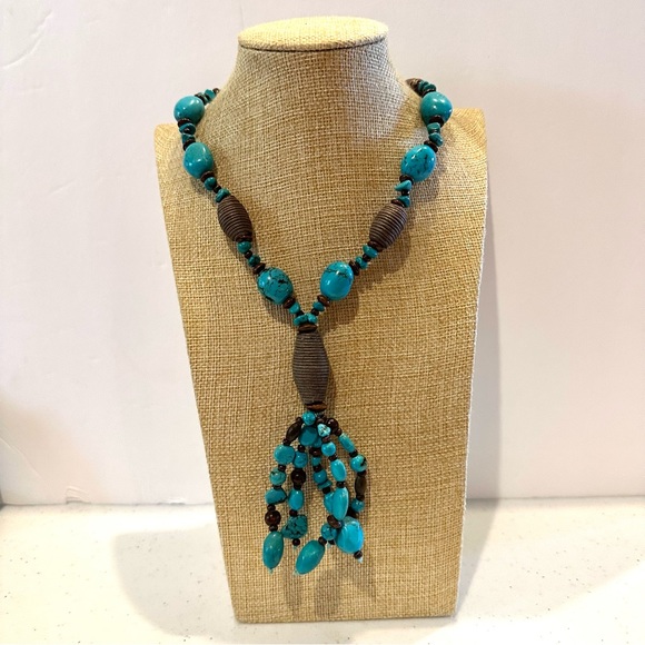 Coldwater Creek Boho Statement Necklace Faux Turquoise-dyed howlite stone lariat - Picture 4 of 13
